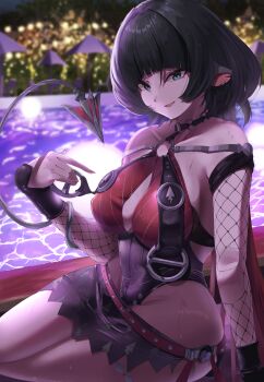 1girl absurdres animal_ears bare_shoulders black_hair black_one-piece_swimsuit black_sarong blue_eyes blurry blurry_background breast_curtains breasts choker collarbone commentary_request earrings fishnet_sleeves fishnets gradient_hair highres hotmilk_ina_mug jane_doe_(nocturne_of_light)_(zenless_zone_zero) jane_doe_(zenless_zone_zero) jewelry large_breasts leather_leotard long_hair looking_at_viewer mouse_ears mouse_girl mouse_tail multicolored_hair notched_ear o-ring o-ring_choker o-ring_swimsuit official_alternate_costume one-piece_swimsuit open_mouth outdoors red_hair red_one-piece_swimsuit sarong sharp_tail sitting solo swimsuit tail two-tone_one-piece_swimsuit wet wet_clothes zenless_zone_zero