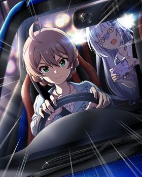 2girls @_@ ahoge brown_hair car car_interior cellphone closed_mouth commentary_request driving earrings emphasis_lines game_cg green_eyes holding holding_phone idolmaster idolmaster_million_live! idolmaster_million_live!_theater_days jewelry long_hair looking_at_viewer low-tied_long_hair motor_vehicle multiple_girls official_art phone sakuramori_kaori shiraishi_tsumugi short_hair sitting smartphone spiral-only_eyes steering_wheel sweatdrop third-party_source v-shaped_eyebrows white_hair
