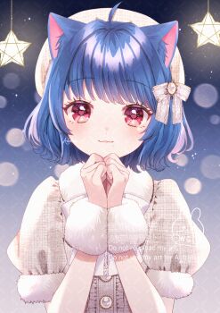 1girl :3 absurdres ahoge animal_ear_fluff artist_name azarashi6 blue_background blue_hair blush bow center_frills closed_mouth commentary_request frilled_shirt frills fur-trimmed_sleeves fur_collar fur_trim gradient_background grey_shirt hair_bow hat heart heart-shaped_pupils highres lamp mole mole_under_eye original own_hands_together red_eyes shirt short_hair short_sleeves signature smile solo symbol-shaped_pupils upper_body white_bow white_hat wrist_cuffs