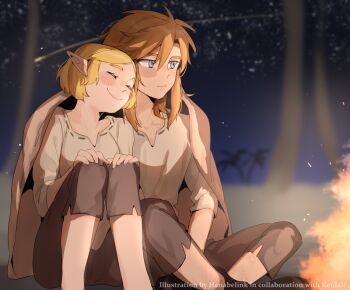 1boy 1girl blonde_hair blue_eyes blurry blurry_background bonfire commentary couple english_commentary fire hanaberin hetero highres indian_style link night nintendo no_feet pointy_ears princess_zelda shooting_star sidelocks sitting star_(sky) the_legend_of_zelda the_legend_of_zelda:_breath_of_the_wild the_legend_of_zelda:_tears_of_the_kingdom twitter_username