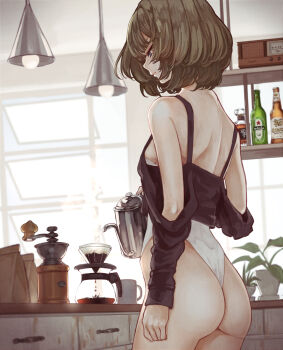 1girl arm_at_side ass back bag bare_shoulders beer_bottle blue_eyes breasts brown_hair coffee coffee_grinder coffee_pot counter cowboy_shot cup female_focus from_behind hanging_light highleg highleg_leotard highres idolmaster idolmaster_cinderella_girls indoors kaoming kitchen lamp leotard leotard_under_clothes looking_away looking_down loose_clothes loose_shirt medium_breasts mole mole_under_eye mug off_shoulder open_window paper_bag pitcher_(container) plant potted_plant pouring profile radio shelf shirt short_hair sideboob solo standing table takagaki_kaede thong_leotard white_leotard window