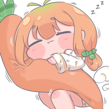 antenna_hair carrot chai_chai_huishi chibi closed_eyes closed_mouth commentary_request gradient_hair green_hair hair_ornament highres kyarot_(trickcal) multicolored_hair orange_hair pajamas pillow sleeping solo trickcal wings