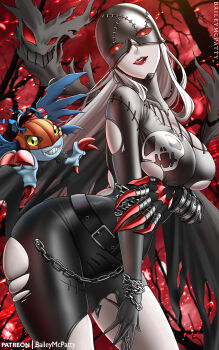 1boy 1girl artist_name baileymcpatty belt breasts chain digimon digimon_(creature) digimon_adventure halloween highres ladydevimon large_breasts licking_lips long_hair looking_at_viewer pale_skin patreon_username picodevimon pumpkin_costume red_eyes red_lips red_sky sharp_claws sharp_teeth skindentation sky stapled teeth thighs tongue tongue_out white_hair wings yellow_eyes