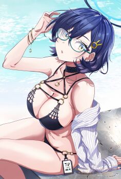 bare_shoulders bikini black_bikini black_choker blue_archive blue_hair blue_halo bracelet breasts charm_(object) chihiro_(blue_archive) choker collarbone glasses gradient_eyes hair_ornament halo hand_on_own_head highres id_card jewelry large_breasts legs_together long_sleeves looking_at_viewer midriff multicolored_eyes on_ground pool poolside rabbit_hair_ornament run_p_(aveton) short_hair single_bare_arm sitting swimsuit thighs