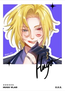 1boy black_coat black_gloves blonde_hair border bracelet character_name coat commentary copyright_name english_commentary gloves gold_ring grey_eyes hair_between_eyes half_gloves haryu_chee heterochromia hugo_vlad jewelry lipstick lipstick_mark lipstick_mark_on_face long_hair looking_at_viewer makeup male_focus mole mole_under_eye multiple_rings outline parted_lips pointy_ears portrait purple_background purple_shirt red_eyes ring shirt smeared_lipstick solo sparkle twitter_username white_border white_outline zenless_zone_zero