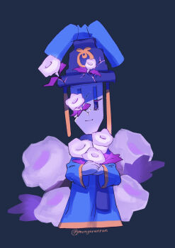 1girl blue_background blue_eyeshadow commentary_request cozette_(mario) cracked_skin eyeshadow flower flower_over_eye highres light_smile long_sleeves makeup mario_&amp;_luigi:_brothership mario_&amp;_luigi_rpg mario_(series) monyorun nintendo purple_flower solo twitter_username