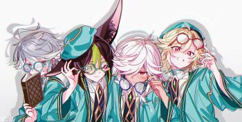 4boys absurdres aged_down akademiya_uniform alhaitham_(genshin_impact) animal_ear_fluff animal_ears ankake9yakisoba bespectacled black_hair blonde_hair blue-framed_eyewear blue_hat blush_stickers book closed_mouth commentary_request cyno_(genshin_impact) dark-skinned_male dark_skin eyewear_on_head fox_boy fox_ears genshin_impact glasses green-framed_eyewear green_hair grey_hair grin hair_between_eyes hair_over_one_eye hat highres holding holding_book holding_removed_eyewear kaveh_(genshin_impact) looking_at_viewer male_focus multicolored_hair multiple_boys one_eye_closed red-framed_eyewear red_eyes shadow simple_background single_blush_sticker smile tighnari_(genshin_impact) twitter_username unworn_eyewear upper_body white_hair wide_sleeves