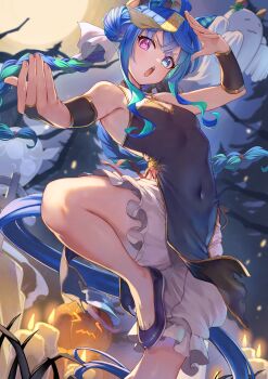 1girl @_@ absurdres alternate_costume animal_ears aqua_hair bare_shoulders black_dress black_shoes blue_eyes blue_hair braid breasts china_dress chinese_clothes commentary_request covered_navel double_bun dress fangs fighting_stance frilled_pants frills hair_between_eyes hair_bun halloween_costume highres horse_ears horse_girl horse_tail iam_(tetsu0ekaki) ikuno_dictus_(umamusume) jiangshi_costume long_hair looking_at_viewer low_twin_braids matikanetannhauser_(umamusume) moon nice_nature_(umamusume) night night_sky open_mouth pants pink_hair sharp_teeth shoes sky sleeveless sleeveless_dress small_breasts standing standing_on_one_leg tail teeth thighs twin_braids twin_turbo_(umamusume) umamusume v-shaped_eyebrows very_long_hair white_pants