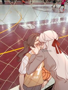2girls ball basketball basketball_(object) basketball_court basketball_uniform beidou_(genshin_impact) blush brown_hair closed_eyes commentary earrings english_commentary foiii genshin_impact grey_jacket hair_ribbon highres jacket jersey jewelry kiss long_hair long_sleeves multiple_girls ningguang_(genshin_impact) orange_shirt photo-referenced photo_background red_ribbon ribbon school_uniform shirt sportswear twitter_username white_hair yuri