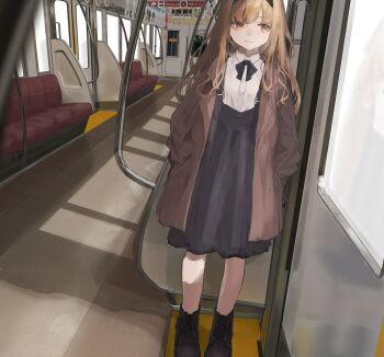 1girl black_boots black_bow black_hairband black_skirt blonde_hair boots bow bowtie brown_coat closed_mouth coat collared_shirt commentary_request expressionless full_body hairband hand_grip hands_in_pockets high-waist_skirt highres lace-up_boots long_hair looking_outside looking_to_the_side open_clothes open_coat orange_eyes original shirt skirt standing suspender_skirt suspenders train train_interior white_shirt window zerogu_(0gu_4p)