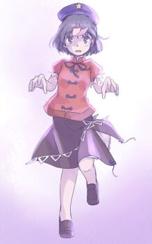 Rule 34 | 1girl, black ribbon, black skirt, blue hat, brown shoes, commentary request, fang, full body, grey eyes, grey hair, hat, hat ornament, leg up, light blush, miyako yoshika, one-hour drawing challenge, open mouth, outstretched arms, pankou, petticoat, purple background, rangycrow, red shirt, ribbon, shirt, shoes, skirt, solo, star (symbol), star hat ornament, touhou, zombie pose