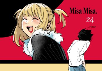 1boy 1girl ^_^ absurdres amane_misa black_hair black_hat blonde_hair blunt_bangs blush closed_eyes commentary death_note eyelashes findoworld hands_in_pockets hat highres l_(death_note) meme open_mouth red_lips shirt short_hair twintails veil_(manga) veil_scene_14_redraw_(meme) white_shirt