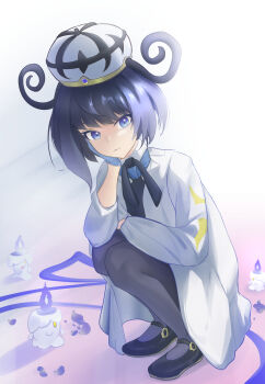1girl absurdres black_dress black_hair black_ribbon black_shoes blue_eyes blue_gloves closed_mouth coat commentary_request dress gen_5_pokemon gloves grey_pantyhose gwynn_(pokemon) hand_up hat head_rest highres iceapple_(kfew4755) litwick neck_ribbon nintendo open_clothes open_coat pantyhose pokemon pokemon_(creature) pokemon_legends:_z-a ribbon shoes short_hair squatting
