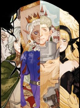 1girl 3boys armor bags_under_eyes bare_shoulders belt black_dress black_hood blonde_hair book breasts broken_glass brown_eyes castle cleavage cloak closed_mouth column_lineup commentary crown dark-skinned_male dark_skin delgal_(dungeon_meshi) detached_hood detached_sleeves dress dungeon_meshi ear_covers elf english_commentary exhausted feathered_wings frown glass goat_(dungeon_meshi) gorget green_cloak green_eyes grey_hair grimoire hair_between_eyes highres holding holding_book hood hood_down hood_up hooded_cloak horizontal_pupils juliet_sleeves laios_touden long_hair long_sleeves looking_at_viewer marcille_donato marcille_donato_(lord) mithrun multiple_boys neck_ruff official_alternate_costume pelt picture_frame plate_armor pointy_ears portrait_(object) puff_and_slash_sleeves puffy_sleeves purple_eyes sad short_hair sky smile split_crop spoilers stained_glass sword thistle_(dungeon_meshi) trait_connection tunic undercut uniform upper_body weapon white_hair winged_lion_(dungeon_meshi) wings yarrreg yellow_wings