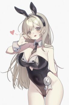 0_o_s_k 1girl :d animal_ear_hairband animal_ears bare_shoulders between_breasts black_hairband black_leotard blonde_hair blush breasts brown_eyes cleavage commentary covered_navel cowboy_shot detached_collar fake_animal_ears hairband hand_up heart highres large_breasts leotard long_hair looking_at_viewer necktie necktie_between_breasts open_mouth original playboy_bunny rabbit_ear_hairband rabbit_ears simple_background smile solo strapless strapless_leotard symbol-only_commentary white_background wrist_cuffs