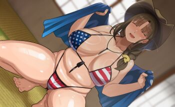 1girl american_flag_bikini american_flag_print arms_up artist_request barefoot bikini braid braided_ponytail breasts brown_hair cameltoe cleavage cowboy_hat feet flag_print flag_print_bikini hat highres large_breasts mature_female navel nervous_smile original pink_lips print_bikini smile solo squatting sweatdrop swimsuit thick_thighs thighs thong_bikini tongue towel virtual_youtuber