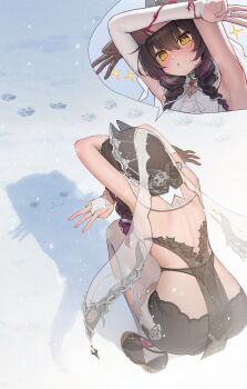 1girl absurdres animal_ears back back_focus bare_back bare_shoulders braid brown_hair cat_shadow_puppet_(meme) commentary_request dark_skin double_w facing_away fake_animal_ears highres jeon-eo_konoshiro long_hair mauxir_(snowbreak) meme multicolored_hair official_alternate_costume shadow shadow_puppet snowbreak:_containment_zone solo squatting w yellow_eyes