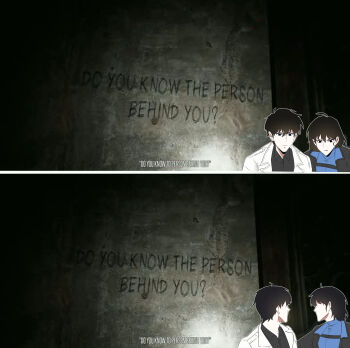 1boy 1girl absurdres aurumu black_eyes black_hair black_jacket black_shirt blue_shirt caption coat collared_shirt do_you_know_the_person_behind_you?_(meme) facing_viewer game_screenshot_inset han_sooyoung hashtag-only_commentary highres jacket kim_dokja looking_back meme omniscient_reader&#039;s_viewpoint open_clothes open_coat portrait serious shirt short_hair the_lost_fear white_coat