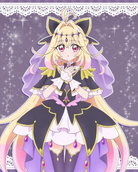 Rule 34 | 1girl, absurdres, antenna hair, argyle background, black bow, black capelet, black dress, black thighhighs, blonde hair, blush, bow, brooch, capelet, commentary request, cowboy shot, cure arcana shadow, diamond hairband, dot nose, dress, frills, gem, gradient hair, hair intakes, heart, heart brooch, heart in eye, highres, jewelry, lace background, layered dress, legs together, long hair, looking at viewer, magical girl, meitantei precure!, meru (mer milky77), moria luluka, multicolored hair, parted lips, pink hair, precure, purple background, purple eyes, purple gem, purple veil, solo, sparkle, symbol in eye, thighhighs, veil, zettai ryouiki