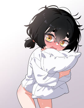 1girl absurdres bags_under_eyes black_hair blush bottomless fang highres hugging_object leims_(urje8584) loli looking_at_viewer original pillow pillow_hug shirt solo thick_eyebrows white_shirt yellow_eyes