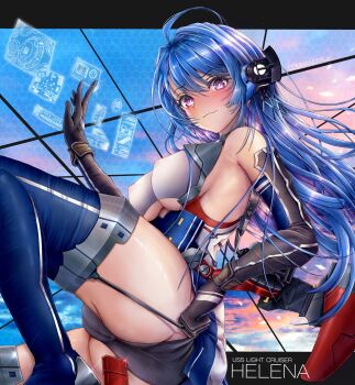 1girl absurdres ahoge azur_lane bare_shoulders blue_boots blue_hair blush boots breasts character_name closed_eyes commander_kei commentary_request covered_erect_nipples dress elbow_gloves garter_straps gloves hair_ornament helena_(azur_lane) highres long_hair multicolored_hair pink_eyes rudder_footwear short_dress small_breasts solo thigh_boots two-tone_hair very_long_hair
