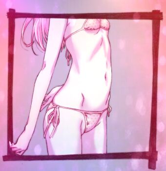 1girl arms_behind_back bikini boku_wa_tomodachi_ga_sukunai border breasts character_request check_character cowboy_shot groin hasegawa_kobato highres micro_bikini navel official_artist_extra side-tie_bikini_bottom small_breasts solo string_bikini swimsuit watanabe_yoshihiro