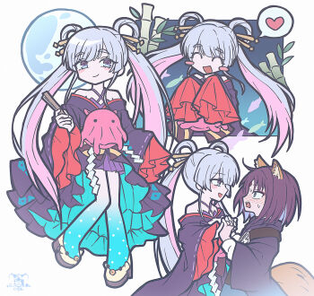 Rule 34 | 2girls, animal ears, bamboo, blue eyes, blush, cho kaguya-hime!, colored extremities, colored inner hair, commentary, fox ears, fox girl, fox tail, hair rings, hand fan, holding, holding fan, holding hands, interlocked fingers, long hair, moon, multicolored hair, multiple girls, open mouth, runami yachiyo, sakayori iroha, simple background, sleeves past fingers, sleeves past wrists, sumi ringo, tail, twintails, untranslatable commentary, white background, white hair, yuri