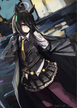 1girl animal_ears black_coat black_gloves black_skirt black_vest blush book-16key closed_mouth coat collared_shirt commentary_request gloves hair_between_eyes highres horse_ears horse_girl long_hair looking_at_viewer manhattan_cafe_(creeping_shadow)_(umamusume) manhattan_cafe_(umamusume) necktie open_clothes open_coat outdoors pantyhose purple_pantyhose rain shirt skirt solo umamusume vest wet wet_clothes wet_hair white_shirt yellow_eyes yellow_necktie