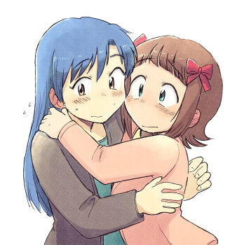2girls amami_haruka averting_eyes awkward blue_hair blush bow brown_eyes brown_hair brown_jacket closed_mouth commentary_request ear_blush flying_sweatdrops green_eyes hair_bow hug idolmaster idolmaster_(classic) jacket kisaragi_chihaya long_hair long_sleeves multiple_girls multiple_hair_bows pink_jacket red_bow short_hair simple_background sweatdrop tsubobot upper_body white_background