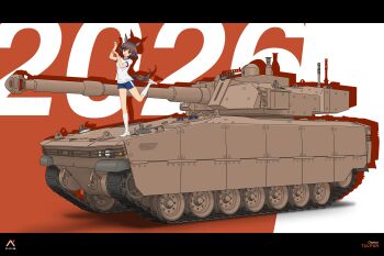 1girl 2026 absurdres acrux akiyama_yukari animal_ears annotated artist_logo blue_shorts brown_eyes brown_hair commentary dated english_commentary girls_und_panzer gym_shirt gym_shorts gym_uniform happy_new_year highres horse_ears horse_tail kemonomimi_mode legs_up logo looking_at_viewer new_year open_mouth otokar_tulpar paw_pose shirt shoes short_hair short_shorts short_sleeves shorts single_vertical_stripe smile socks solo standing standing_on_one_leg tail text_background vehicle_focus white_shirt white_shoes white_socks