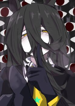 1girl absurdres animal_ears bags_under_eyes black_coat black_gloves black_hair black_shirt coat collared_shirt commentary_request contrast_collar disembodied_eye finger_to_mouth gloves hair_between_eyes hand_up heavy_breathing highres horror_(theme) horse_ears horse_girl index_finger_raised javelinlin1108 long_hair long_hair_between_eyes long_sleeves manhattan_cafe_(creeping_shadow)_(umamusume) manhattan_cafe_(umamusume) mikami_jun_(haaryan) necktie pale_skin shirt shushing solo umamusume white_hair yellow_eyes yellow_necktie