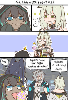 >:) ... 1boy 3girls ^^^ animal_ear_fluff animal_ears arknights bags_under_eyes beard bendy_straw black_hair black_jacket blaze_(arknights) blue_eyes boxing_gloves candy closed_mouth coffee_pot commentary dark-skinned_female dark_skin doctor_(arknights) dress drinking drinking_straw english_commentary english_text facial_hair flint_(arknights) food green_dress green_eyes grey_hair guin_guin hair_between_eyes holding holding_candy holding_food holding_lollipop hood hood_down hood_up hooded_jacket jacket kal'tsit_(arknights) licking lollipop long_hair multiple_girls mustache notice_lines off-shoulder_jacket off_shoulder open_clothes open_jacket smile sparkle spoken_ellipsis swirl_lollipop v-shaped_eyebrows white_jacket