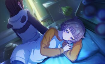 2girls blue_eyes blue_hair blurry blush commentary_request depth_of_field game_cg highres indoors long_hair lying multiple_girls official_art pillow purple_hair sasuga_chisa short_hair third-party_source world_dai_star yanagiba_panda yuri