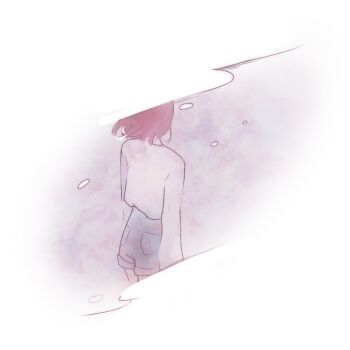 1girl angela_he bob_cut cowboy_shot denim denim_shorts from_behind missed_messages non-web_source official_art pink_hair shirt_tucked_in short_hair shorts solo sweater transparent_background white_sweater