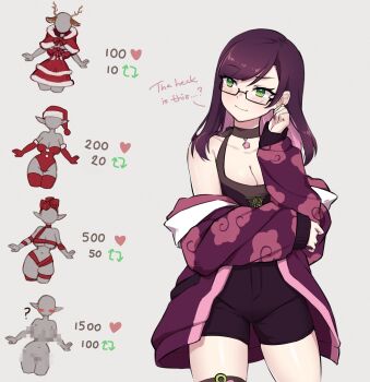 1girl black_bodysuit blush bodysuit breasts christmas cleavage cowboy_shot glasses green_eyes highres jacket medium_hair open_clothes open_jacket original purple_hair purple_jacket runeko semi-rimless_eyewear single_bare_shoulder solo twitter_strip_game twitter_strip_game_parody under-rim_eyewear