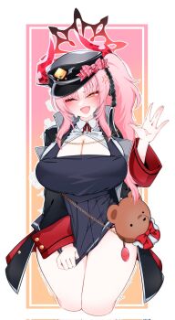 1girl \||/ anger_vein animal_bag aoielsol bag bear_bag black_coat black_ribbon blue_archive blush bow breasts cleavage coat collared_shirt cosplay crime_prevention_buzzer demon_girl demon_horns dress dress_tug feet_out_of_frame furrowed_brow hair_ribbon halo hand_up hat hat_bow highres horns ibuki_(blue_archive) large_breasts long_hair looking_at_viewer motion_lines multicolored_horns neck_ribbon one_eye_closed open_clothes open_coat open_mouth peaked_cap pinafore_dress pink_bow pink_hair red_halo red_horns red_ribbon ribbon satsuki_(blue_archive) shirt shoulder_bag side_ponytail sleeveless sleeveless_dress solo sweatdrop trembling triangle_mouth two-tone_horns white_shirt