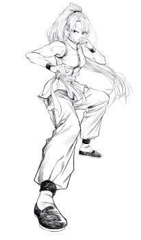 1girl breasts commentary_request dougi fighting_stance foreshortening full_body greyscale high_ponytail highres lee_(dragon_garou) long_hair medium_breasts monochrome open_mouth original ponytail sash serious solo toned toned_female very_long_hair wristband