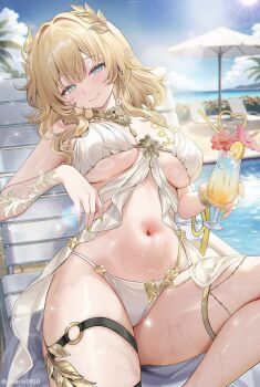 1girl adapted_costume aglaea_(honkai:_star_rail) alternate_costume bare_shoulders beach_umbrella bikini blonde_hair blue_sky blush breasts closed_mouth commentary crazy_straw cup day drinking_glass drinking_straw feet_out_of_frame fingernails green_eyes head_tilt head_wreath heart_straw holding holding_cup honkai:_star_rail honkai_(series) large_breasts long_hair looking_at_viewer machi_(machi0910) nail_polish navel outdoors poolside sky smile solo stomach swimsuit thigh_strap thighs twitter_username umbrella underboob wet white_bikini yellow_nails
