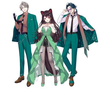 1girl 2boys adjusting_clothes adjusting_eyewear adjusting_gloves animal_ears ankle_strap artist_request bare_shoulders belt black_belt black_gloves black_nails black_necktie black_shorts blue_eyes blue_hair blush braid brown_hair brown_shawl brown_shirt brown_shoes chain choker collared_shirt curtained_hair dog_ears dog_girl dress eyewear_strap formal_clothes gloves green_choker green_dress green_jacket green_pants green_shoes green_suit grey_hair grey_pantyhose group_picture hair_ornament hand_up hands_on_own_chest hands_up heterochromia high-waist_shorts inui_toko jacket jacket_on_shoulders kaida_haru kaisei_(nijisanji) long_bangs long_dress long_hair long_sleeves looking_at_viewer matching_outfits monk_shoes multicolored_hair multiple_boys nail_polish necktie nijisanji off-shoulder_dress off_shoulder official_alternate_costume official_art open_mouth pants pantyhose pendant_choker ponytail print_pantyhose purple-tinted_eyewear red_eyes red_hair round_eyewear saddle_shoes second-party_source see-through_skirt_layer shawl shirt shirt_tucked_in shoes short_hair short_sleeves shorts showgirl_skirt side_braid simple_background smile standing star_(symbol) star_hair_ornament star_pendant star_print streaked_hair suit tassel tinted_eyewear transparent_background two-tone_hair very_long_hair virtual_youtuber white_shirt yellow_eyes
