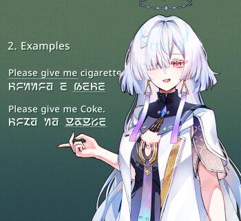 1girl breasts chalkboard colored_eyelashes commentary dress earrings english_commentary english_text fingernails foxyreine grey_hair hair_ornament halo highres jacket jewelry long_hair looking_at_viewer md5_mismatch mornye_(wuthering_waves) open_mouth purple_dress red_eyes small_breasts smile solo teaching triangle_earrings upper_body white_jacket wuthering_waves