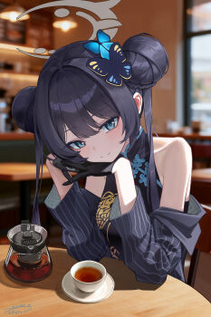 1girl absurdres astelia black_dress black_gloves black_hair blue_archive blue_eyes butterfly_hair_ornament china_dress chinese_clothes chinese_commentary coffee commentary_request double_bun dragon_print dress elbow_rest elbows_on_table gloves hair_bun hair_ornament halo head_rest highres jacket kisaki_(blue_archive) looking_at_viewer smile solo table twintails