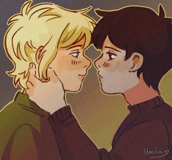 2boys alternate_costume animated animated_gif antenna_hair artist_name basil_(faraway)_(omori) basil_(omori) black_eyes black_hair black_sweater blonde_hair blue_eyes blush closed_eyes closed_mouth film_grain green_sweater kiss long_sleeves male_focus multiple_boys omori short_hair sidelocks smile sunny_(omori) sweater umilini2 yaoi