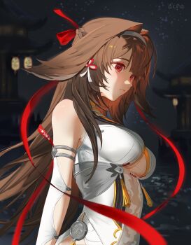 1girl absurdres animal_ears arms_behind_back bare_shoulders breasts brown_hair chinese_commentary closed_mouth clothing_cutout commentary_request dress elfe_art hair_ribbon hairband highres large_breasts long_hair medium_breasts night outdoors red_eyes red_ribbon ribbon sky solo star_(sky) starry_sky upper_body very_long_hair white_dress ye_shunguang zenless_zone_zero