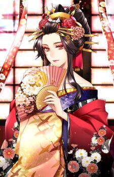 Rule 34 | 1girl, black hair, commentary request, flower, folding fan, hair flower, hair ornament, hand fan, highres, japanese clothes, kanzashi, kasai iori, kimono, layered kimono, lipstick, looking at viewer, makeup, manaita obi, nail polish, nihongami, off shoulder, oiran, original, red kimono, solo, wide sleeves, yellow eyes