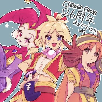 3girls :d anniversary blonde_hair blue_background blue_eyes brown_gloves chrono_cross closed_mouth commentary_request copyright_name gloves hair_tubes harle_(chrono_cross) highres jester kid_(chrono_cross) leena_(chrono_cross) looking_at_viewer multiple_girls naekam one_eye_closed open_mouth orange_hair outline red_eyes smile standing star_(symbol) tongue tongue_out white_outline