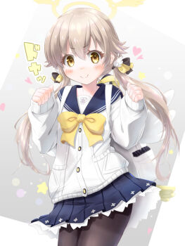 1girl absurdres bag black_bow black_pantyhose blue_archive blue_sailor_collar blue_skirt blush bow bowtie brown_hair c: cardigan clenched_hands closed_mouth commentary_request cowboy_shot doyagao fake_wings frilled_skirt frills grey_background hair_between_eyes hair_bow hair_ornament halo hands_up hifumi_(blue_archive) highres long_hair looking_at_viewer low_twintails miniskirt pantyhose pleated_skirt sailor_collar school_bag school_uniform serafuku simple_background skirt sleeves_past_wrists smile smug solo star_(symbol) tareme tomonx trinity_general_school_logo twintails very_long_hair white_cardigan white_wings wing_hair_ornament winged_halo wings yellow_bow yellow_bowtie yellow_eyes yellow_halo