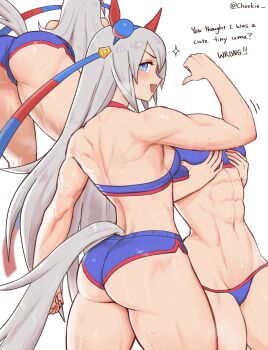 ! !! 1girl ? abs animal_ears artist_name ass back blue_eyes breasts cheekie commentary english_commentary english_text grey_hair highres horse_ears horse_girl horse_tail long_hair looking_at_viewer medium_breasts multiple_views muscular muscular_female navel open_mouth simple_background sweat tail tamamo_cross_(umamusume) teeth twitter_username umamusume white_background