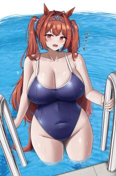 1girl absurdres alternate_breast_size_(larger) alternate_costume animal_ears blue_background blue_one-piece_swimsuit blush breasts brown_hair cleavage collarbone commentary covered_navel daiwa_scarlet_(umamusume) double-parted_bangs fang flying_sweatdrops groin hair_intakes highres horse_ears horse_girl horse_tail huge_breasts long_hair looking_at_viewer one-piece_swimsuit open_mouth pool red_eyes silver_tiara skin_fang solo swimsuit tail thighs translation_request twintails umamusume very_long_hair wading water wet yukaraishin