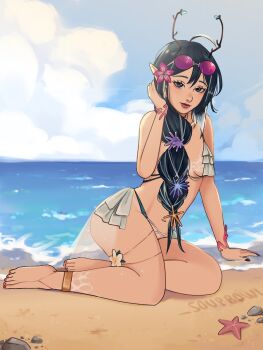 1girl alien antennae black_hair blush braid breasts closed_mouth commentary english_commentary guardians_of_the_galaxy highres long_hair looking_at_viewer mantis_(marvel) marvel marvel_rivals pointy_ears small_breasts smile solo soupbowl sunglasses swimsuit