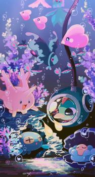 air_bubble bubble chikafuji chinchou clamperl closed_mouth coral coral_reef corsola diving_helmet finneon frillish frillish_(male) gen_2_pokemon gen_3_pokemon gen_4_pokemon gen_5_pokemon half-closed_eyes helmet highres looking_at_another lumineon natu nintendo ocean open_mouth pokemon pokemon_(creature) submerged swimming underwater